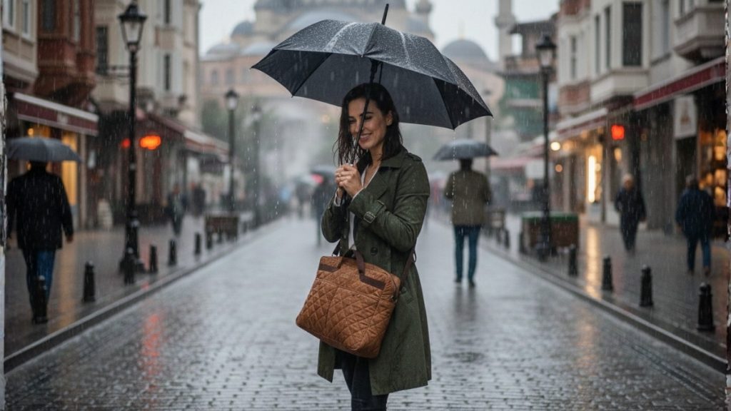 Yağmurlu havada yeşil trençkot ile kombinlenmiş her kıyafete uyan çanta rengi olan kahverengi kapitone çanta.