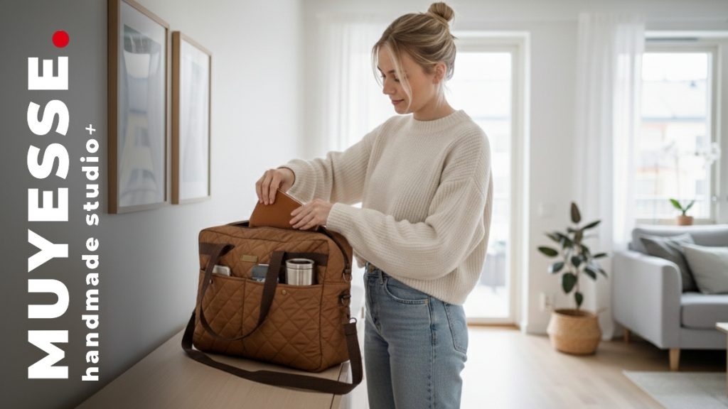 Kahverengi Kapitone Organizer Tote Çanta